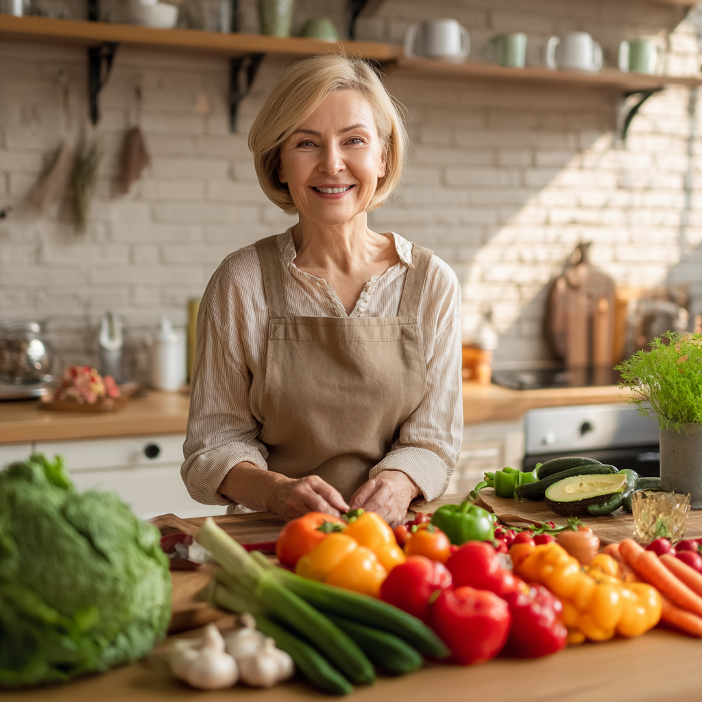 Smiling middle-aged Ukrainian woman in a bright kitchen preparing healthy vegetables and fruits, showing enthusiasm for nutritious meal preparation