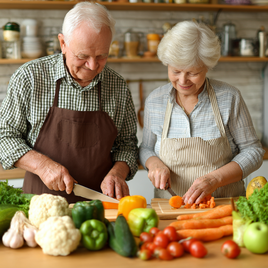 Diverse Ukrainian family of four preparing a healthy meal together in modern kitchen, showing cooperation and joy in healthy food preparation